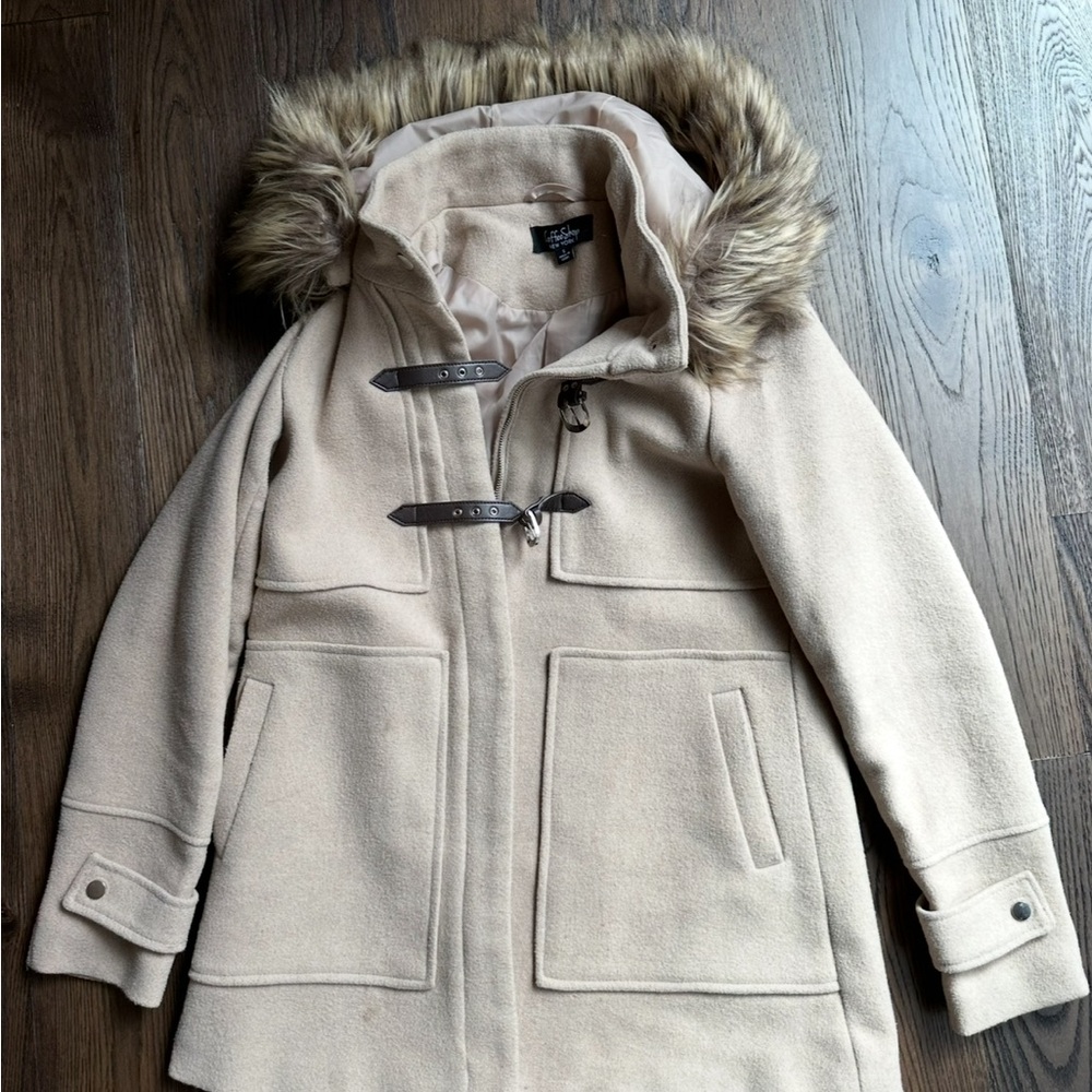 Topshop Cream Toggle Puffer Coat with Faux Fur Hood
